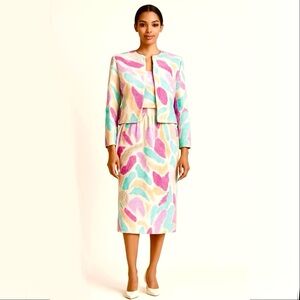 80s David Hayes Silk Abstract Skirt Suit, Women’s US 8, Pastel Sequin